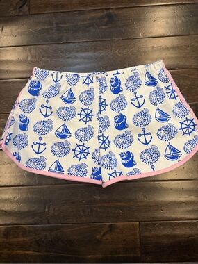 The Beaufort Bonnet Company White Shorts with Blue Nautical Print and Pink Trim
